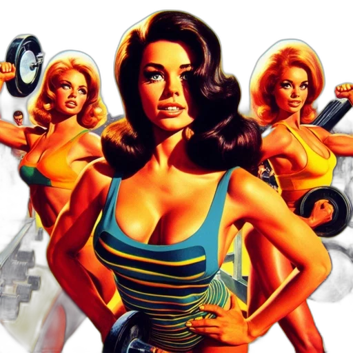 comic book art, three, women, each, holding, dumbbell, pose, together transparent PNG cut-out