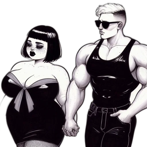 dress, comic book art, concept art, cyberpunk, cartoon, monochrome, two, individuals transparent PNG cut-out
