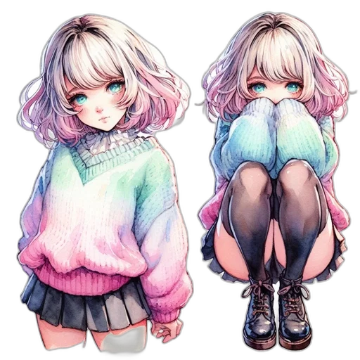 jacket, dress, creature, hair, pixel art, watercolor, concept art, anime transparent PNG cut-out