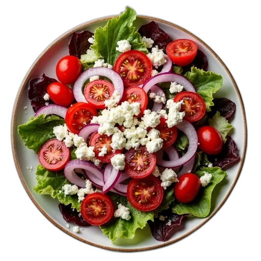 food, plate, salad, red, lettuce, onion, rings, tomatoes transparent PNG cut-out