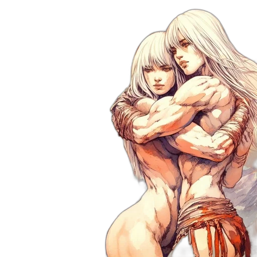 concept art, fantasy art, comic book art, watercolor, fire, two, females, distinctive transparent PNG cut-out