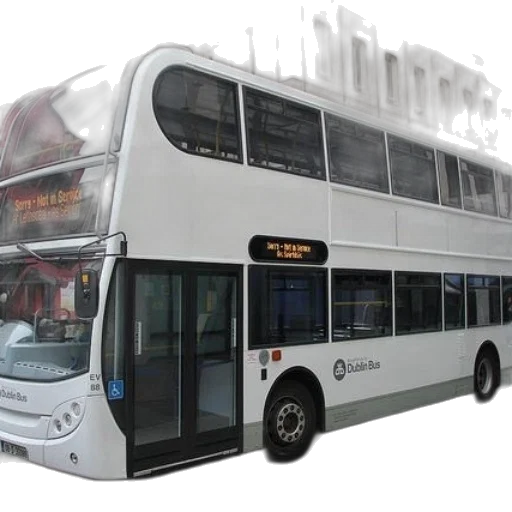 3d render, photorealistic, concept art, white, double-decker, bus, words, dublin transparent PNG cut-out
