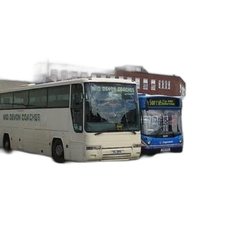 staff, photorealistic, 3d render, three, buses, parked, lot, one transparent PNG cut-out