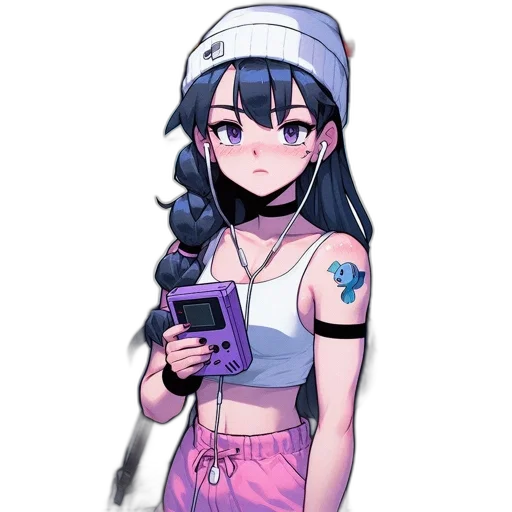 weapon, staff, hat, dress, anime, pixel art, vaporwave, cartoon transparent PNG cut-out