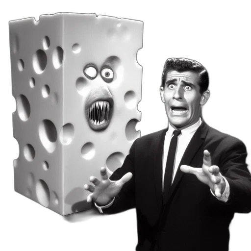 robot, 3d render, man, suit, reacts, cheese, block, carved transparent PNG cut-out