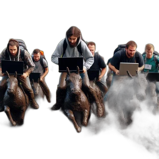 concept art, muddy, terrain, group, men, ride, horses, while transparent PNG cut-out