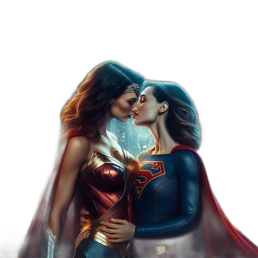 comic book art, concept art, fantasy art, photorealistic, two, prominent, female, superheroes transparent PNG cut-out