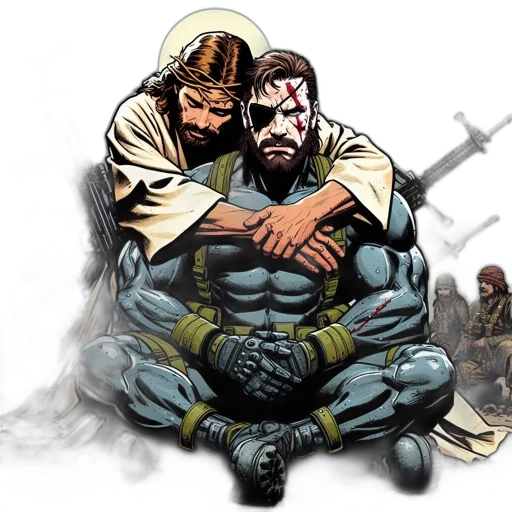 comic book art, concept art, battlefield, blue-skinned, warrior, gun, faces, christ-like transparent PNG cut-out