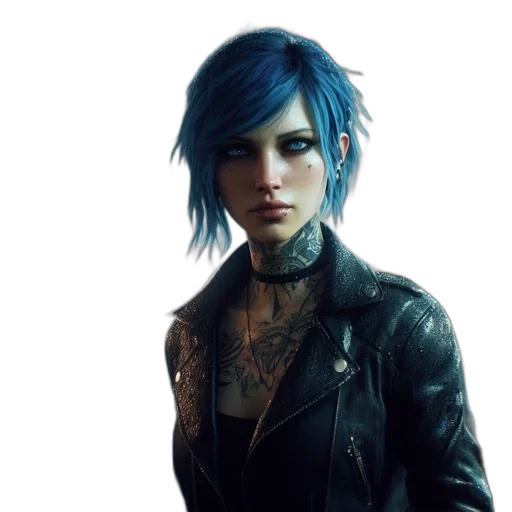 jacket, face, cyberpunk, concept art, photorealistic, fantasy art, blue, dark transparent PNG cut-out