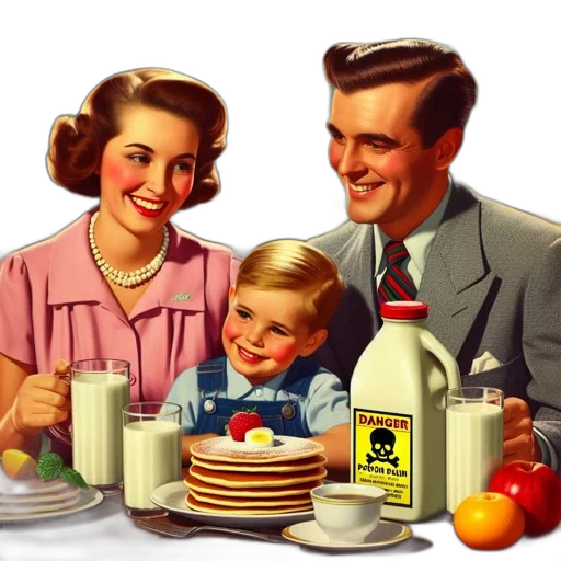 food, robot, photorealistic, vintage-styled, family, sits, together, kitchen transparent PNG cut-out