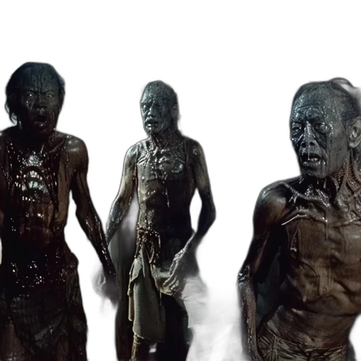3d render, concept art, three, men, covered, mud, distressed, dimly transparent PNG cut-out