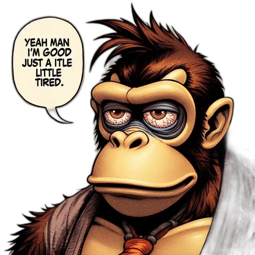 comic book art, concept art, cartoon, animated, gorilla, appearing, somewhat, weary transparent PNG cut-out