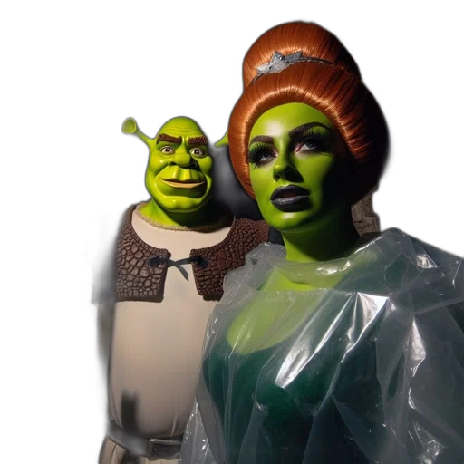 mask, 3d render, concept art, outer space, two, figures, resembling, shrek transparent PNG cut-out