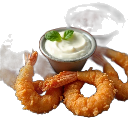 food, photorealistic, 3d render, fried, oyster, shrimp, tomato, dip transparent PNG cut-out