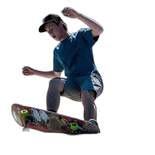 shoes, hat, staff, photorealistic, 3d render, concept art, skateboarder, blue transparent PNG cut-out