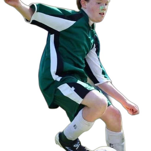 young, soccer, player, green, white, uniform, about, kick transparent PNG cut-out