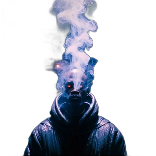 mask, jacket, face, staff, cyberpunk, concept art, photorealistic, 3d render transparent PNG cut-out