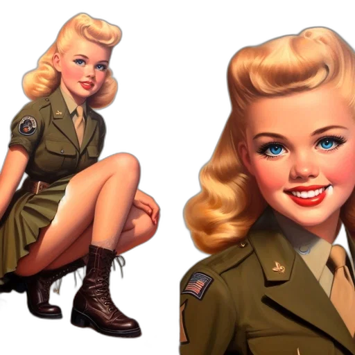 concept art, photorealistic, comic book art, cartoon, portrait, young, woman, military transparent PNG cut-out