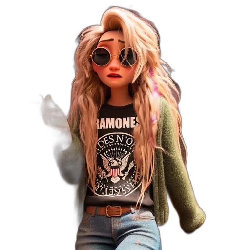 jacket, cartoon, 3d render, concept art, photorealistic, animated, woman, long transparent PNG cut-out