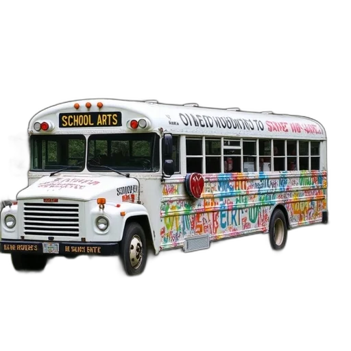 concept art, white, school, bus, parked, grassy, field, variety transparent PNG cut-out