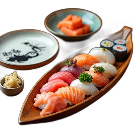 food, photorealistic, 3d render, monochrome, sushi, platter, various, types transparent PNG cut-out