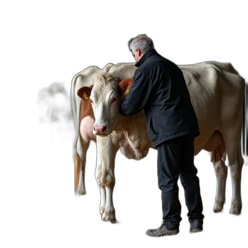 animal, concept art, photorealistic, person, black, jacket, pants, milking transparent PNG cut-out
