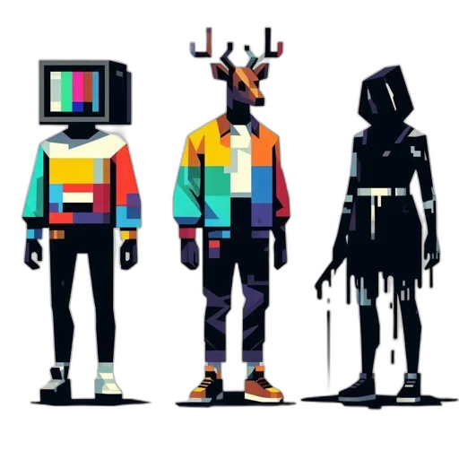 robot, jacket, mask, creature, pixel art, concept art, cyberpunk, 3d render transparent PNG cut-out