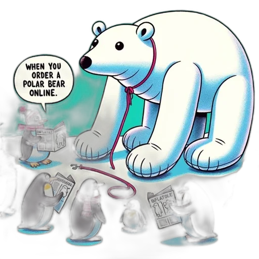 concept art, vaporwave, polar, bear, red, leash, speech, bubble transparent PNG cut-out