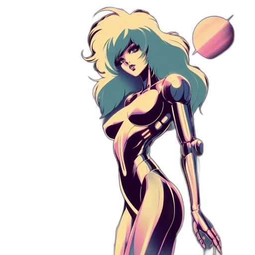 robot, staff, dress, hair, concept art, comic book art, vaporwave, cartoon transparent PNG cut-out