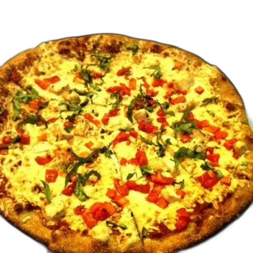food, 3d render, photorealistic, pizza, cheese, tomatoes, basil, metal transparent PNG cut-out