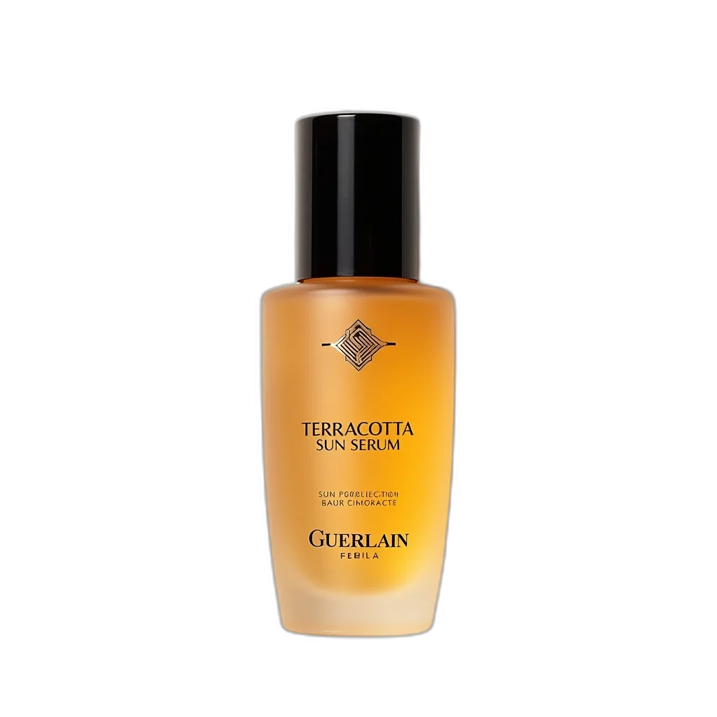 bottle, terracotta, sun, serum, guerlain, black, cap, golden transparent PNG cut-out