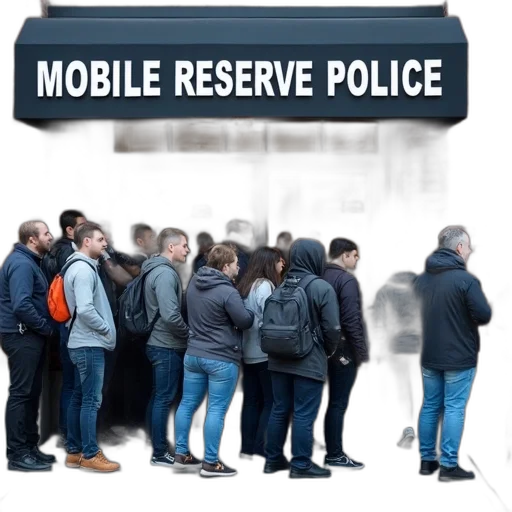group, people, standing, line, outside, police, station, waiting transparent PNG cut-out
