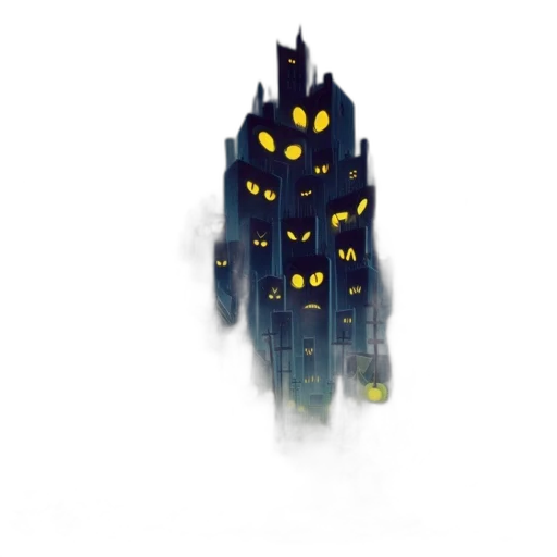 building, concept art, pixel art, fantasy art, comic book art, fog, city street, dark transparent PNG cut-out