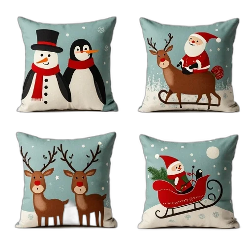 collection, four, festive, pillows, different, winter-themed, designs, top transparent PNG cut-out