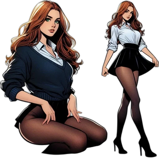comic book art, concept art, cartoon, fantasy art, two, illustrations, woman, auburn transparent PNG cut-out
