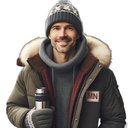 jacket, hat, photorealistic, man, stands, near, wooden, house transparent PNG cut-out