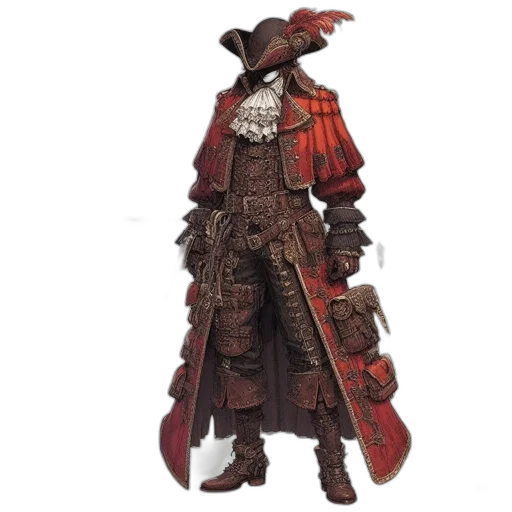 jacket, staff, mask, hat, concept art, fantasy art, 3d render, red transparent PNG cut-out