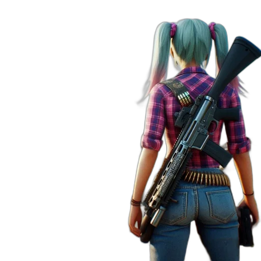 weapon, jacket, concept art, 3d render, cyberpunk, pixel art, girl, teal transparent PNG cut-out