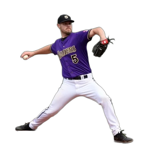 baseball, player, pitcher, mound, wearing, purple, jersey, number transparent PNG cut-out