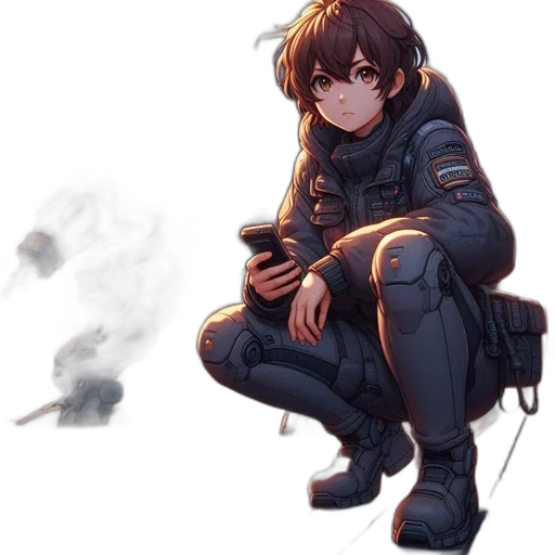 weapon, jacket, robot, staff, concept art, cyberpunk, pixel art, anime transparent PNG cut-out
