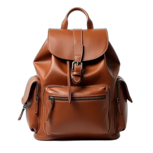 earth tones, brown, leather, backpack, front, zipper, pocket, two transparent PNG cut-out