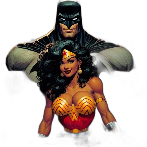 comic book art, concept art, batman, wonder, woman, sit, together, diner transparent PNG cut-out