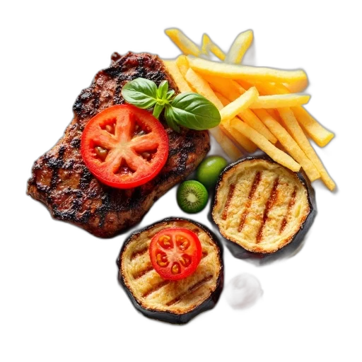 food, 3d render, photorealistic, plate, grilled, steak, left, topped transparent PNG cut-out