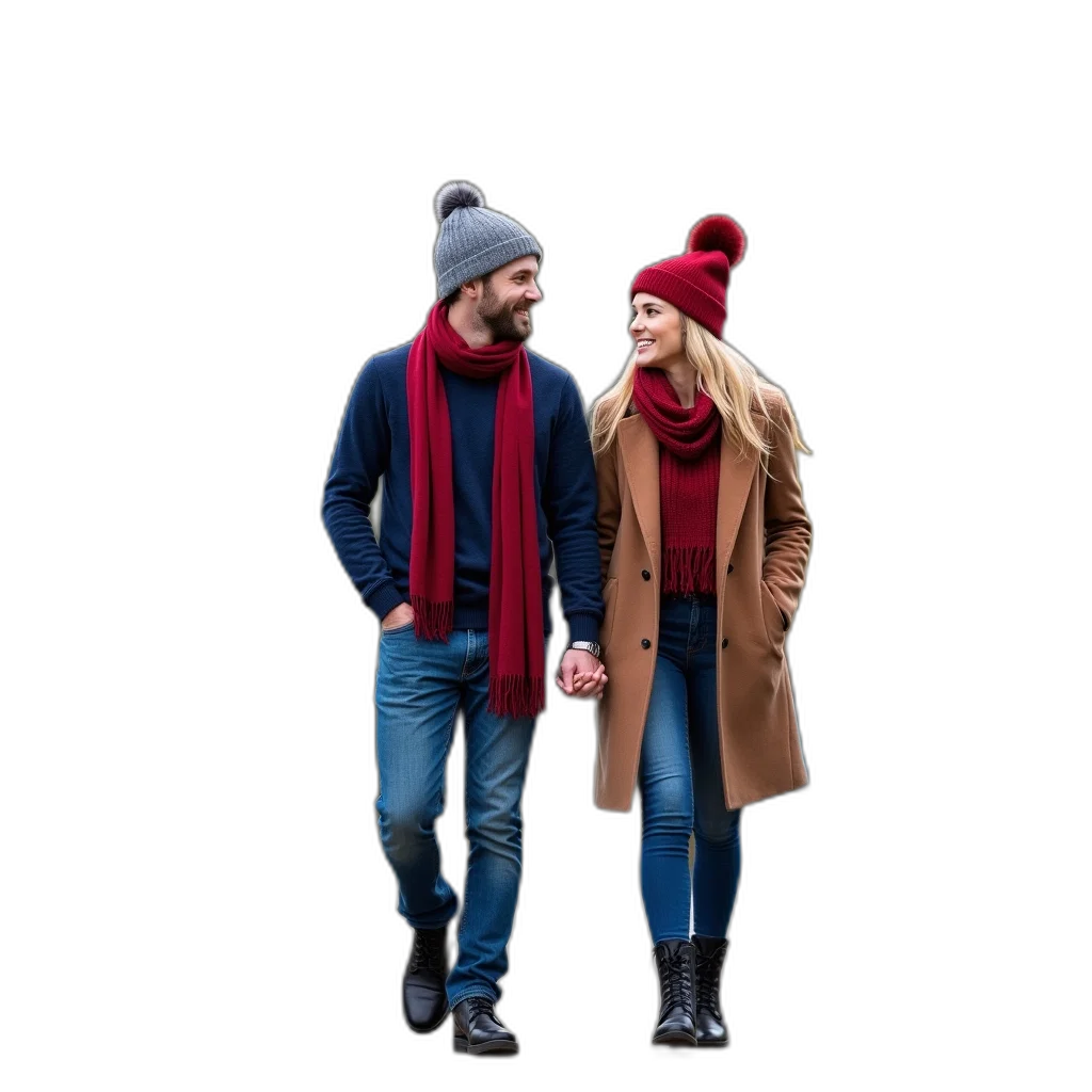 hat, jacket, 3d render, snow, city street, red, couple, walking transparent PNG cut-out