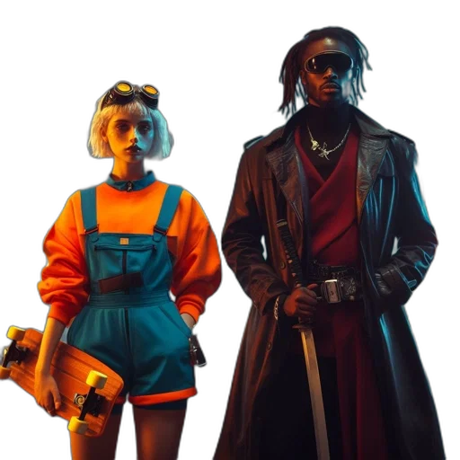 staff, jacket, concept art, cyberpunk, comic book art, 3d render, outer space, neon lights transparent PNG cut-out