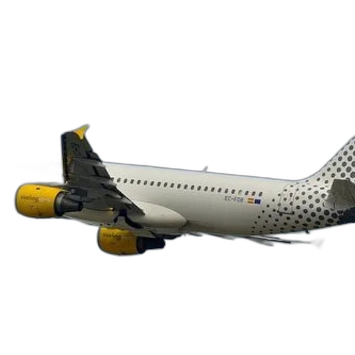 3d render, photorealistic, concept art, vueling, airplane, yellow, engines, white transparent PNG cut-out