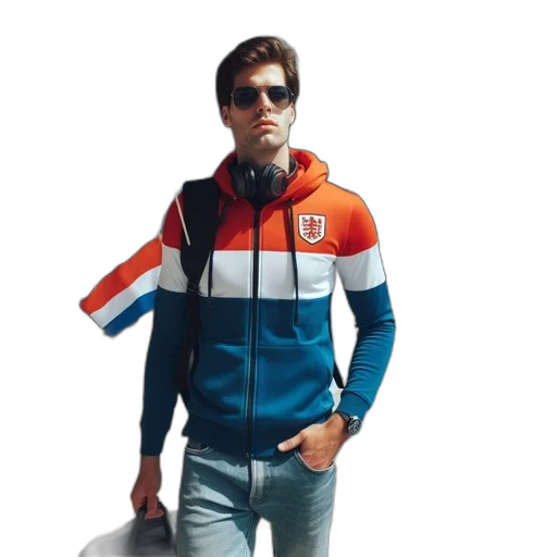 jacket, 3d render, man, wears, dutch-flagged, hoodie, airport, holding transparent PNG cut-out