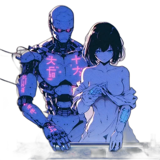 robot, sword, weapon, cyberpunk, concept art, vaporwave, anime, neon lights transparent PNG cut-out