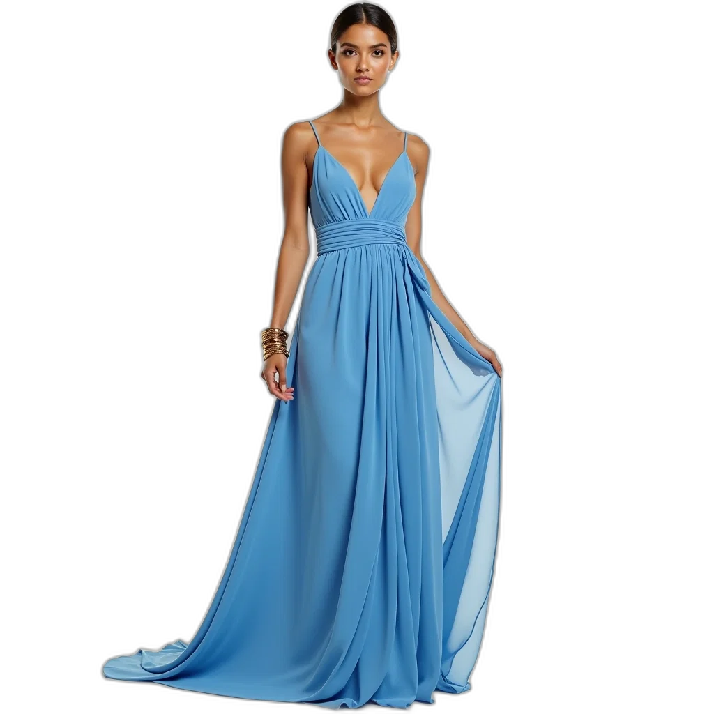 dress, photorealistic, blue, woman, wearing, v-neckline, flowing, design transparent PNG cut-out