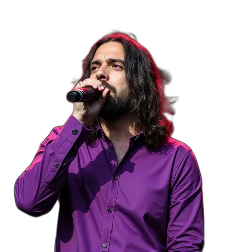 jacket, hair, man, long, singing, into, microphone, stage transparent PNG cut-out